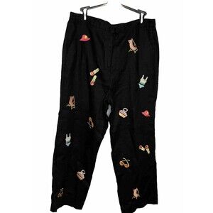 Rosanna Women’s Pants 100% Linen Black 18W Colorful Summer Beach Fun Embroidery